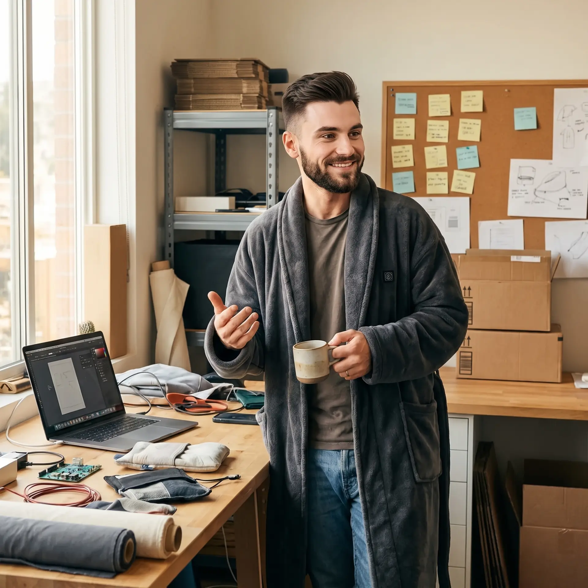 Man wearing the Nesty Robe while working in a workshop